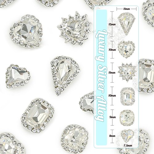 qiipii 24Pcs 3D Alloy Silver Clear Nail Art Rhinestones Luxury Charms for Nails- 3D Alloy Heart Nail Charms, Elegant Silver Nail Crystal Diamonds Stones Studs for Acrylic Nails DIY Crafts Jewelry