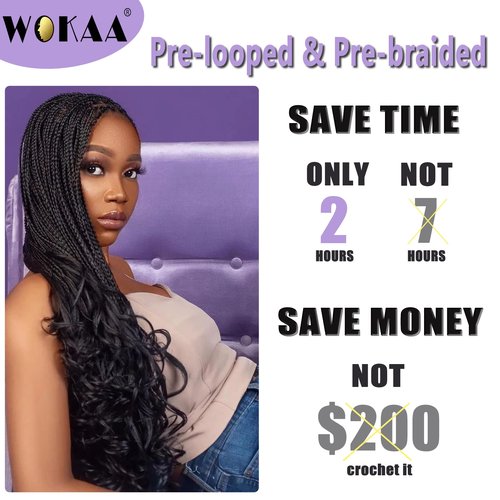 French Curl Crochet Braids 22 Inch Goddess Box Braids Crochet Hair for Women 8 Packs Pre Looped Crochet Box Braid with Curly Ends Synthetic French Curly Braiding Hair Extensions (1B#)