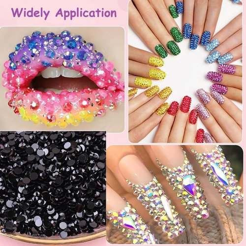 22000pcs Black Rhinestones for Bedazzling Kit, 2mm 3mm 4mm 5mm 6mm Flatback Black Gems Bedazzling for Crafting, Non-Hotfix SS8-SS30 Gems Bedazzler with B7000 for DIY Nails Decoration