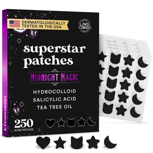LivaClean 250CT Black Star Pimple Patches for Face - Hello kitty Pimple Patches Black w/Salicylic Acid & Tea Tree Oil - Hydrocolloid Acne Patch, Cute Face Stickers, Zit Patch