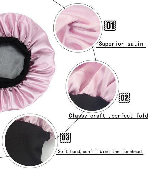 SENGTERM Kids Satin Bonnet Double Layer Wide Elastic Band Sleep Cap Hair Bonnet Silky Night Cap for Toddler Child (Kids Black&Pink)