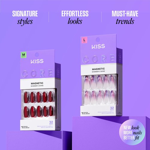 KISS CORE, Press On Nails, Nail glue included, 'Glistering', Red, Medium Size, Almond Shape, Includes 32 Nails, 2g Glue, 1 Manicure Stick, 1 Mini File