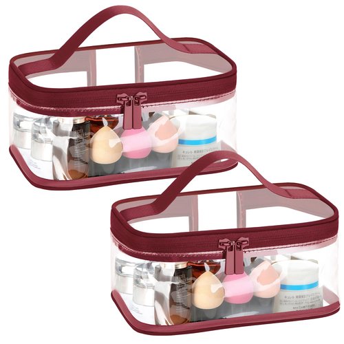 HAOGUAGUA 2 Pieces Clear Makeup Bags Cosmetic Toiletry Bags for Traveling, Waterproof Travel Transparent TSA APPROVED Carry On Airport Airline Compliant Bag (2 PIECES RED)