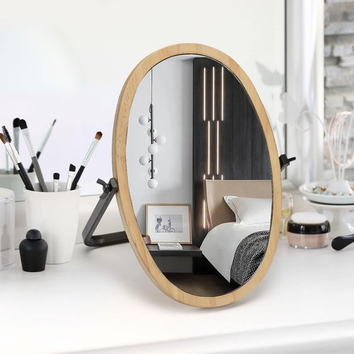 Vanity Makeup Table Mirror - Desk Mirrors 360 Adjustable Rotation,Wood Framed Small Standing Mirror for Bedroom,Tabletop,Office,Antique,Dresser,Countertop 11.8'' x 7.8''