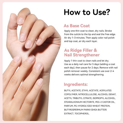 Nailshion Ridge Filler Base Coat 3-in-1 Nail Strengthener Growth for Damaged Uneven Nails & Ridges, Nourish VE & Protein-Fortifying Leveling Base for Smooth, Flawless Polish | Vegan Cruelty Free