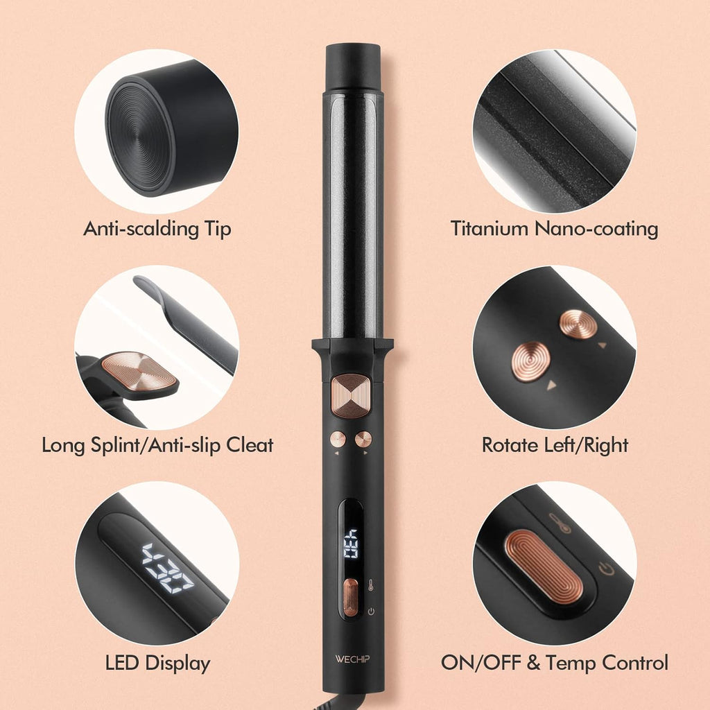 WeChip Automatic Curling Iron - 1.25 Inch Rotating Curling Wand for All Hair Types | Tourmaline Ceramic, LED Display, 5 Heat Settings Up to 430°F