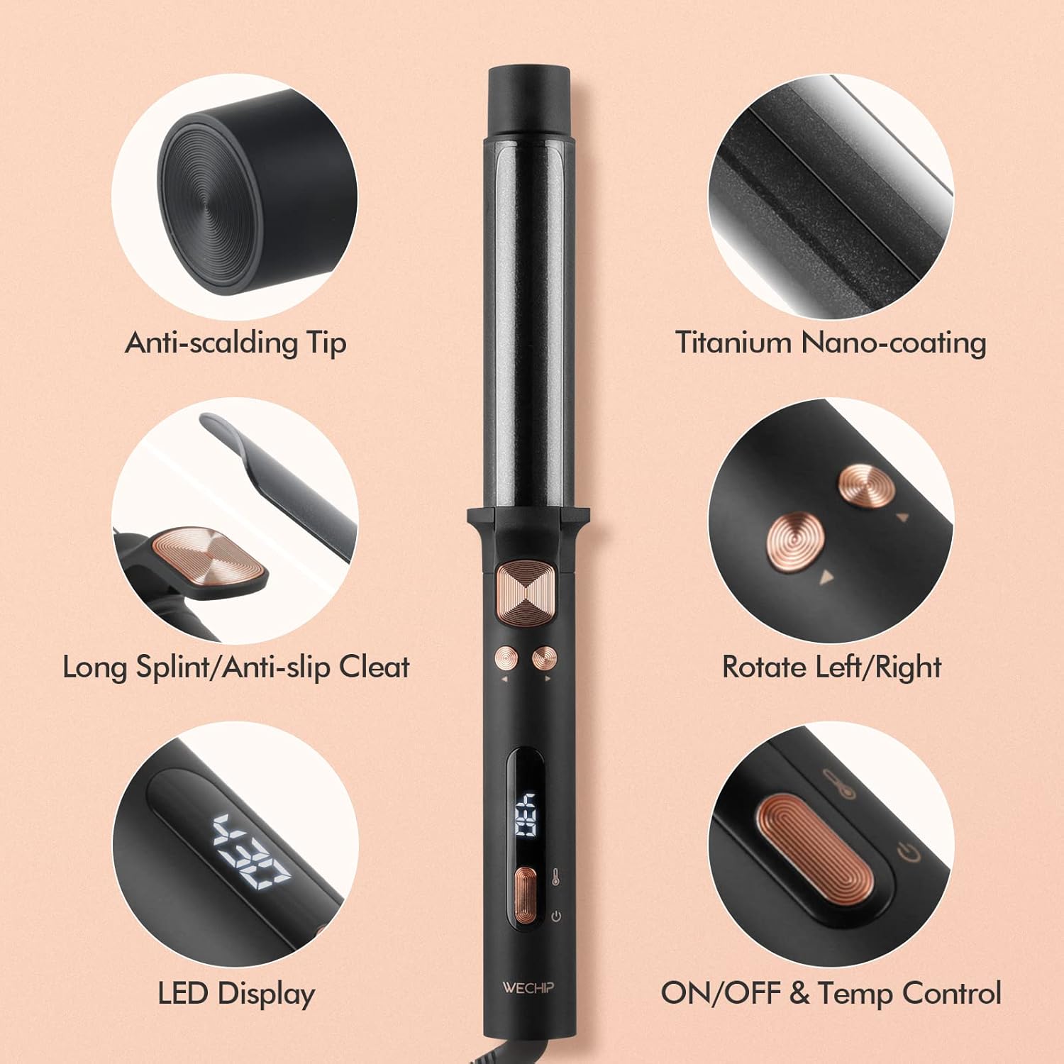 WeChip Automatic Curling Iron - 1.25 Inch Rotating Curling Wand for All Hair Types | Tourmaline Ceramic, LED Display, 5 Heat Settings Up to 430°F