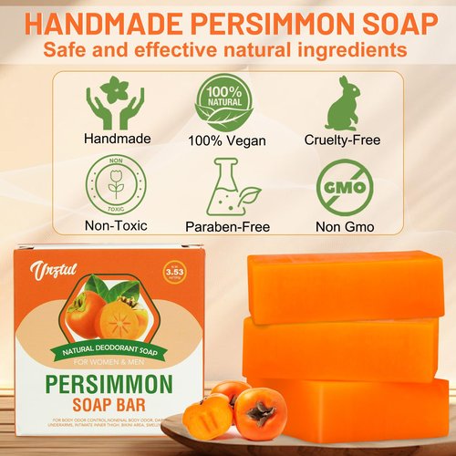 URZTUL 3 PCS Persimmon Soap Bar for Body Odor Control, Natural Deodorizing Soap for Eliminating Strong Smell, Handmade Bar Soap Deodorant Smooth Skin Deeply Cleansing