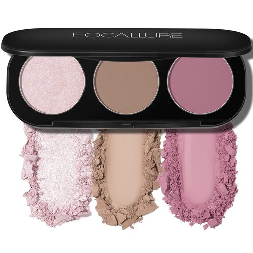 FOCALLURE Blush and Highlighter Palette - 3-in-1 Contour Set with Matte Bronzer & Shimmer Illuminators | #08