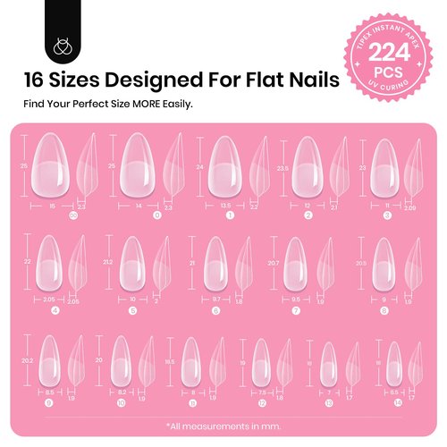 Beetles Tipex Instant Apex Nail Tips, Almond Medium, 16 Sizes (00-14), 224PCS with 20g Tipex Solid Nail Glue, Thick Strong Tips with Built-In Apex for DIY Extensions