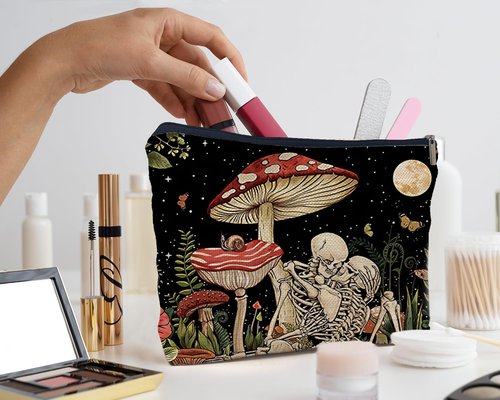 IWXYI Mushroom Skull Makeup Bag,Skeleton Gothic Mushroom Make up Bag Bag with Zipper Pouch for Travel & Toiletry