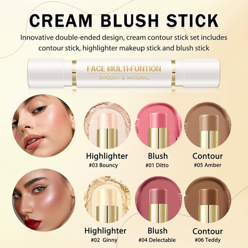 IONSGAKO Cream Contour Stick Makeup Kit - Double-Ended Highlighter & Bronzer | 6 Colors for Sculpting Cheeks