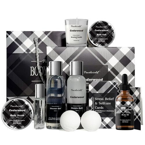 Skiennix Men's Spa Gift Set - Cedarwood Bath & Body Care Kit | 12-Piece Home Spa Essentials for Men