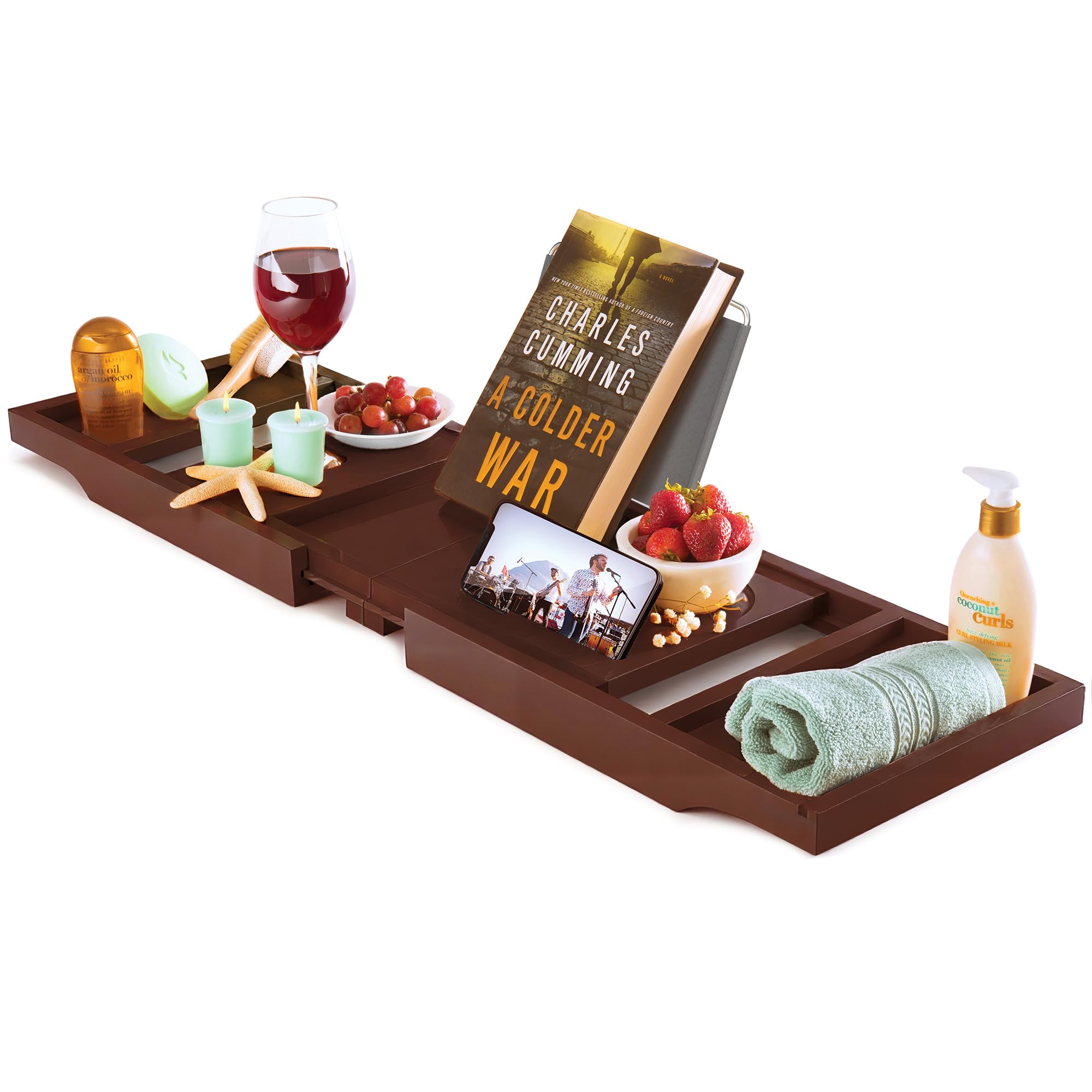 Wooden Bathtub Tray - Foldable & Expandable Bamboo Bath Tray for Tub with Wine Holder, Book & Tablet Stand - Bath Caddy Tray for Bathtub, Spa Bath Accessories, Tub Tray Table, (Brown)