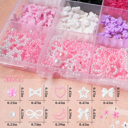 LoveOurHome 3D Star Moon Heart Bow Charms Nail Decorations Kit - Bow-Knot Floral Nail Studs Rhinestone Pink White Pearl Beads Acrylic Nail Design Jewelry Supplies with Tweezer