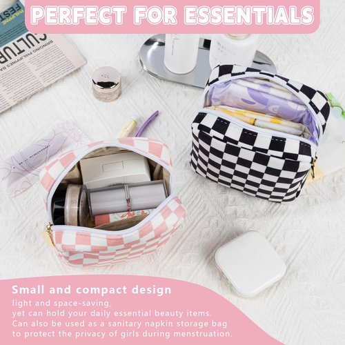 Desing Wish 5.1'' x 5.1'' Small Makeup Bag for Purse Flocked Material Mini Travel Makeup Bag with Two Inner Pockets Portable Cute Cosmetic Bags for Women (Black-White Checker)