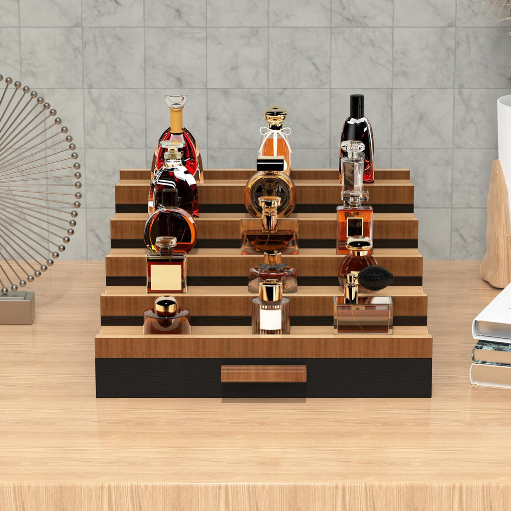 Zaldia Wooden Cologne Organizer for Men 5 Tier of Perfume Display Holder of Drawer & 2 Hidden Compartments Larger Storage Space Mens Perfume Organizer Shelf Stand,Gift for Man (5T-Black Walnut)