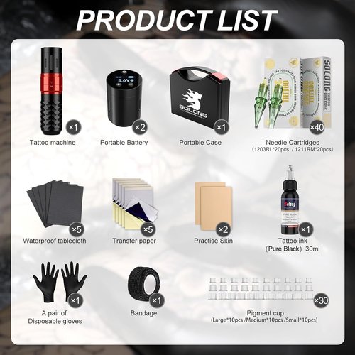 Tattoo Gun,Solong Tattoo Gun Kit Professional 2 Batteries 7 Strokes Wireless Tattoo Kit 6500Rpm Brushless Motor Digital LED Display Tattoo Machine with 20Pcs Tattoo Needles SLE75KIT-1-US