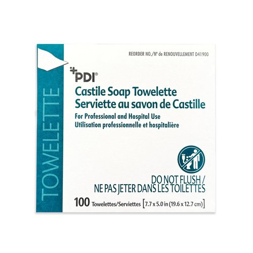 PDI Castile Soap Towelettes, Face and Hand Cleansing, 100 Individually Wrapped Wipes Per Box