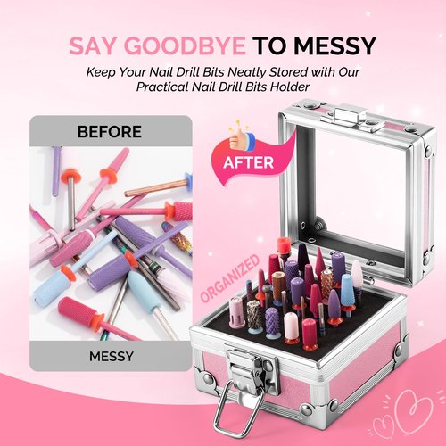 MelodySusie Nail Drill Bits Holder, 25 Holes Case, Portable Dustproof Displayer Organizer Container, Nail Tech Professional Nail Art Tool, Travel Salon Home, Pink (Drill Bits Not Included)