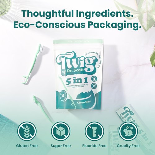Twig by Dr. Scott 5-in-1 Disposable Toothbrush, 10 Pack - Ready to Go Prepasted Travel Toothbrush, No Water Needed - Floss, Pick, Tongue Scraper - Ergonomic Handle & Brush Head - Individually Wrapped