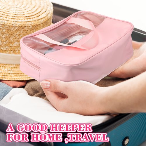 Reginary 6 Pcs Large Clear Makeup Bags, Toiletry Organizer with Zipper and Handle Strap, Portable Cosmetic Bag Waterproof Transparent for Travel Vacation, 11.8 x 8.3 x 3.9 Inch(Pink)