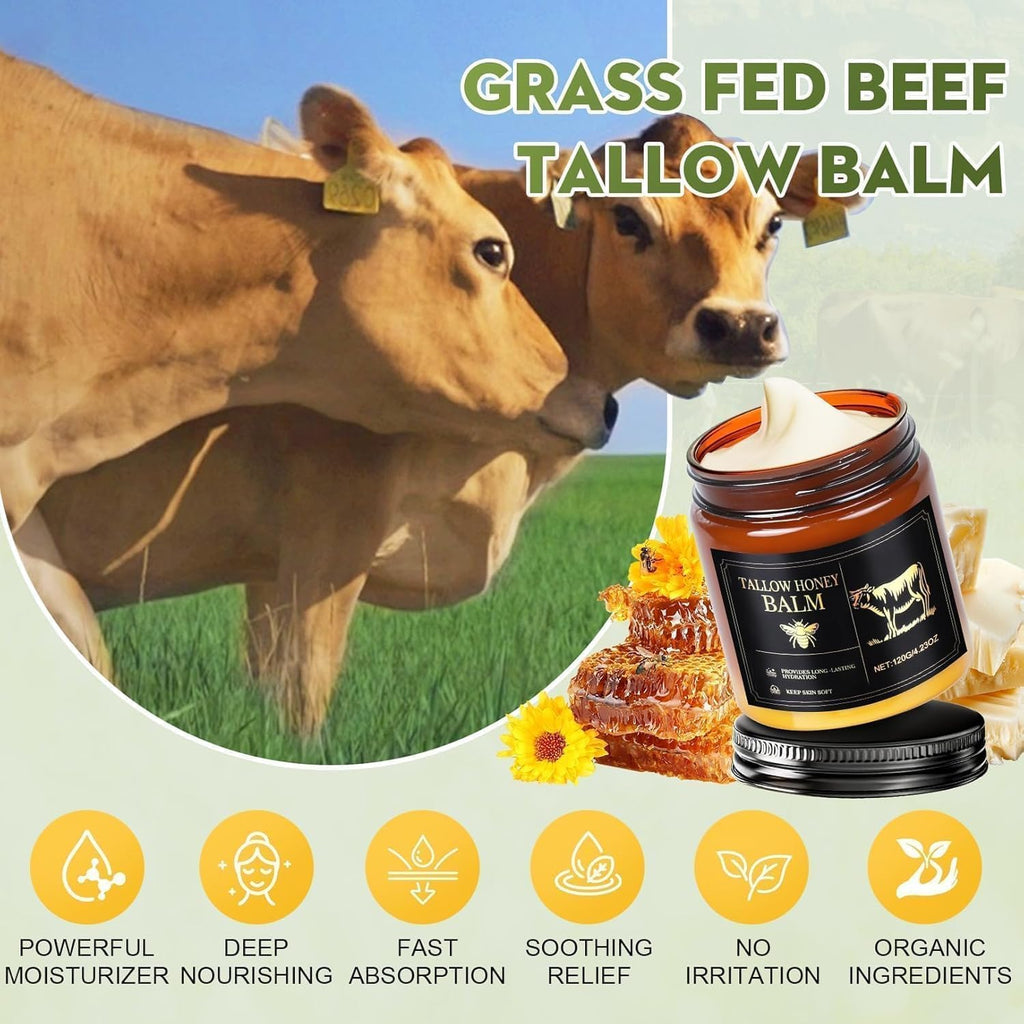 WOMEIKI Beef Tallow for Skin,Organic Whipped Beef Tallow Face Moisturizer with Raw Honey and Beeswax,Natural Grass Fed Tallow and Honey Balm,Moisturizer for Face,Body (Unscented)