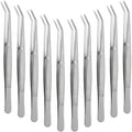 Honoson 10 Pcs Stainless Steel Tweezers for Crafting with Curved Serrated Tip Multipurpose Forceps Sewing Machine Tweezers Bulk (Silver)