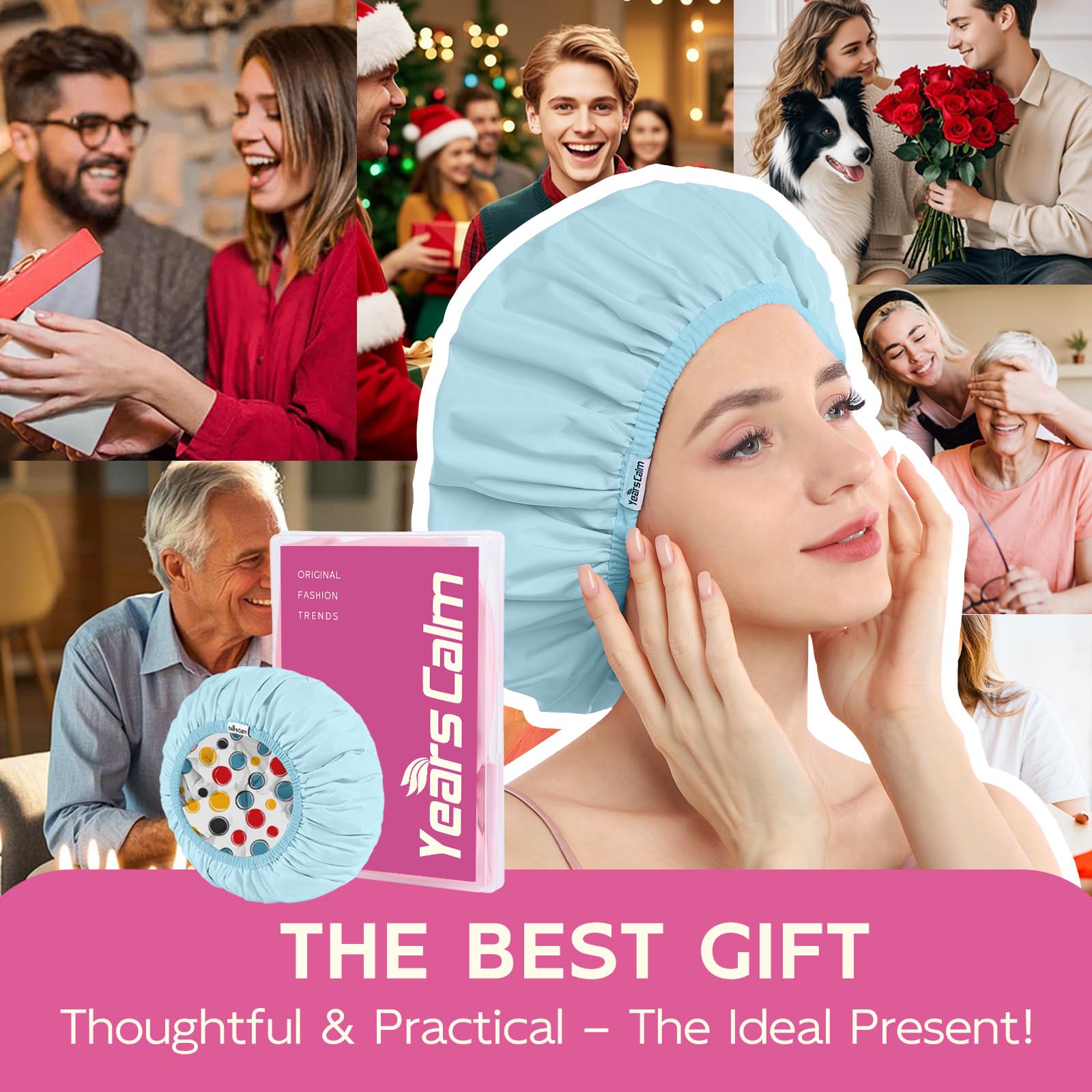 Years calm Waterproof Shower Cap for Women - Double-Layer Reusable Bath Cap with Elastic Band for Long/Short/Curly/Braids Hair, Washable & Travel-Friendly, Fit for Shower, Spa (Blue Shower Cap)