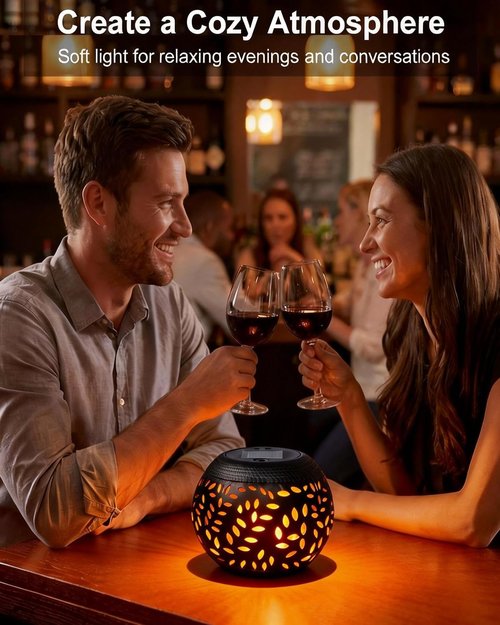 Skiennix Solar Table Lights - Waterproof 2-Pack Flickering Flame Lamps | Black Metal Decorative Lanterns for Outdoor Use