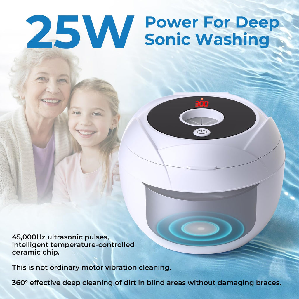 Wazhel Ultrasonic Retainer Cleaner Machine, 45kHz Dental Cleaning Pod for Denture, Mouth Guard, Night Guard, Aligner, Braces, Toothbrush, 200ML Denture Cleaner with Digital Timer & 4 Modes, White
