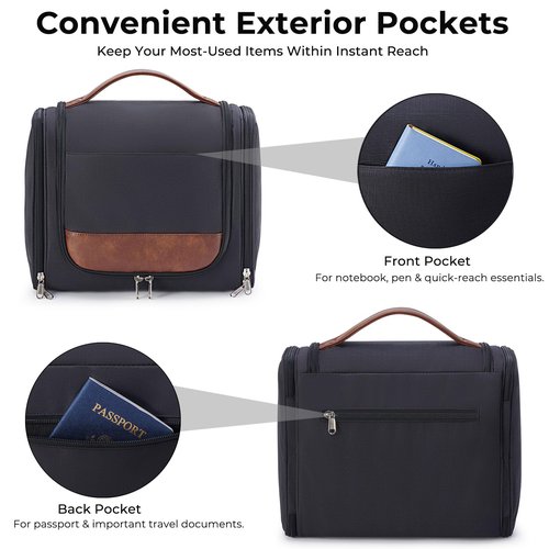 Ralnitote Large Hanging Toiletry Bag for Men, Travel Bathroom Bag with Hook, Hygiene Bag Organizer for Shower, Shaving & Grooming Essentials, Black