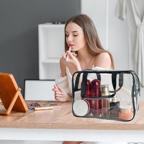 TotePrint PVC Clear Pure Color Transparent Large Zipper Cosmetic Pouch Travel Makeup Cosmetic Bag with Handle for Travel Bathroom Toiletry Organizer (Clear+Black Handle)