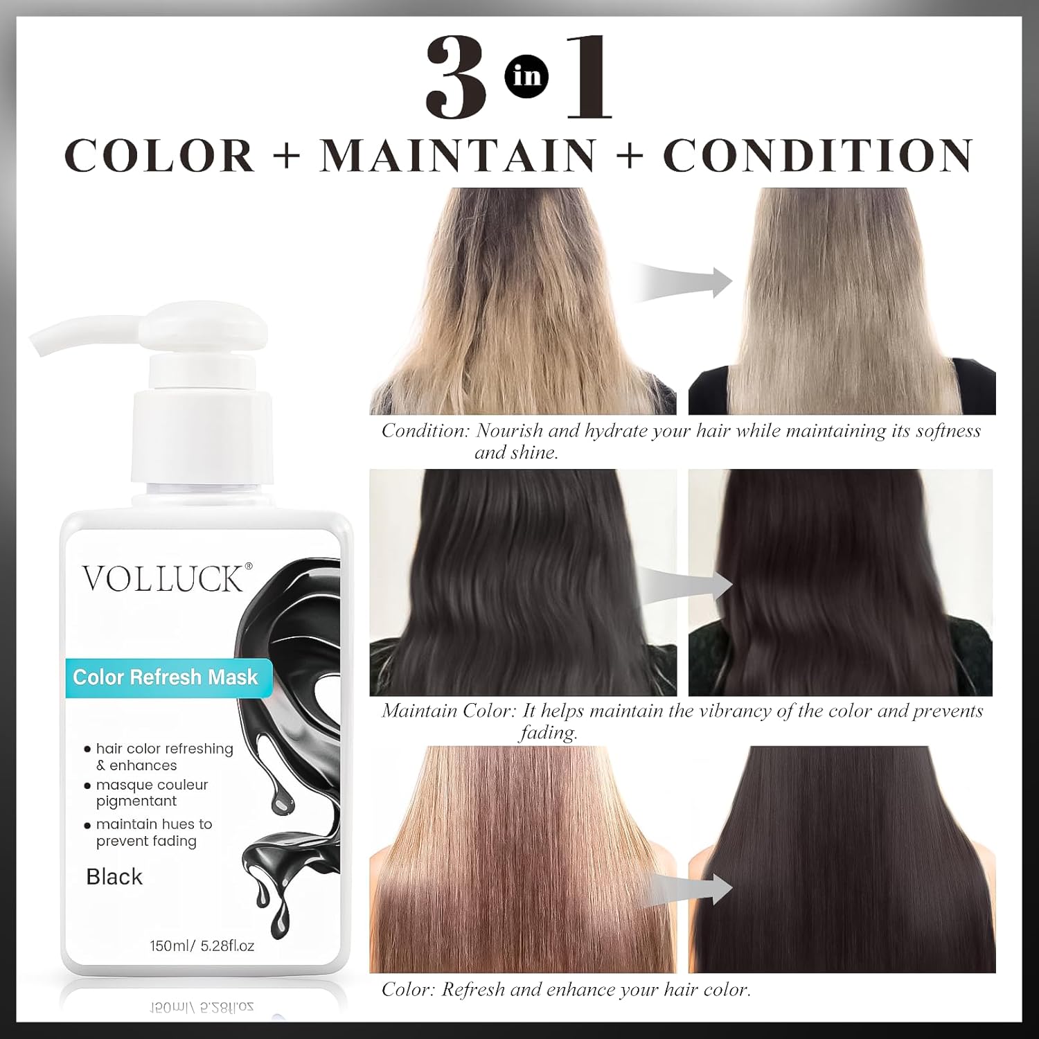 VOLLUCK Color Depositing Conditioner - 3-in-1 Cruelty-Free Hair Mask for Enhanced Shine & Softness | Black, 5.28 Fl Oz