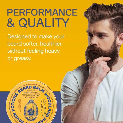 Seven Potions Beard Balm - 100% Natural Softener with Jojoba Oil | Nourishes, Softens & Stops Itch (2 oz, Woodland Harmony)