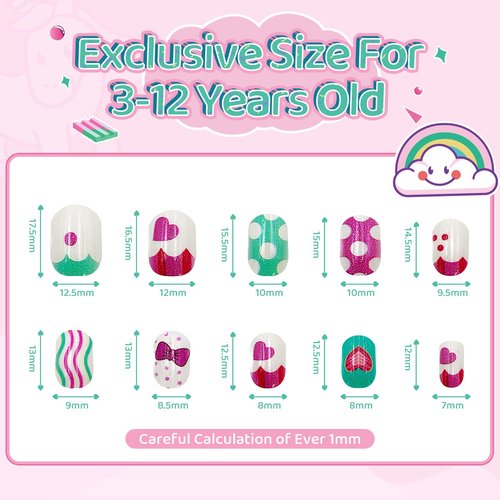 240Pcs Kids False Nail with Nail Glue Children Girls Press on short Nails No fading Stable Quick Stick on Cute Pre Glue Full Cover Acrylic Nail Tip Kit Gift for Kids Nail Decoration(Rainbow Unicorn）