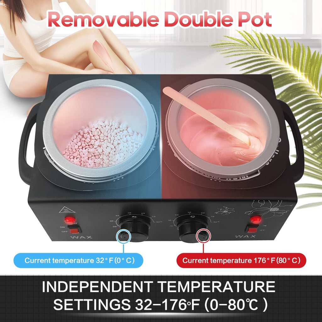 Wax Warmer for Hair Removal, Professional Waxing Heater Pot with Adjustable Temperature for Women Men, with 20 Wooden Wax Sticks (Black-Double Pots)