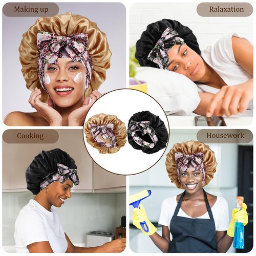 IJRPLM 2Pcs Silk Bonnet for Sleeping,Large Satin Bonnet with Tie Band,Night Sleep Cap for Women,Satin Bonnet for Curly Hair(Champagne gold + Black)