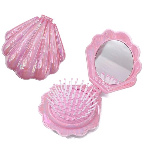 Frinnovan 6 Pack Shell Shaped Pokect Mirror Travel Compact Folding Mirrors with Hair Brush Purse Mini Cosmetic Lashes Makeup Portable Mirrors for Women Wedding Party Pink & Blue & Purple