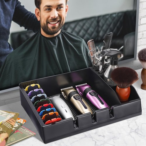 Barber Station Organizer Tray, Barber Clipper Organizer for Trimmers, Razors, Scissors, Combs & Brushes, Multi-Compartments Barbershop Salon Countertop Tray for Hairdressing Tool, Non-slip Mat