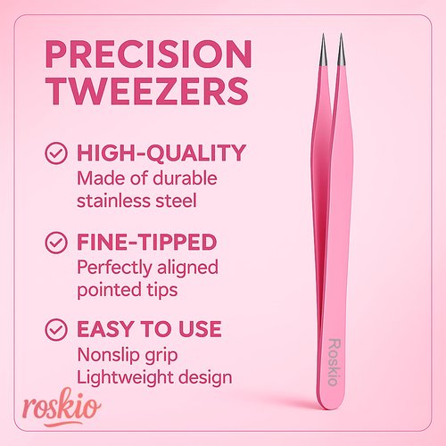Roskio Nail Tweezer, 2pcs Stainless Steel Straight & Curved Nail Art Tweezers for Stickers, Rhinestone, Eyelash Extension, Nail Stickers, Cuticle, Rhinestone Picker Tool