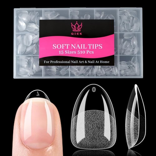 Qiek Extra Short Almond False Nail Tips, 15 Sizes 510 PCS Clear Soft Press On Fake Nail Pre-shaped Half Matte Full Cover Gel Nail Tips Extensions Thick Long Lasting for DIY Beginners & Salon Manicure
