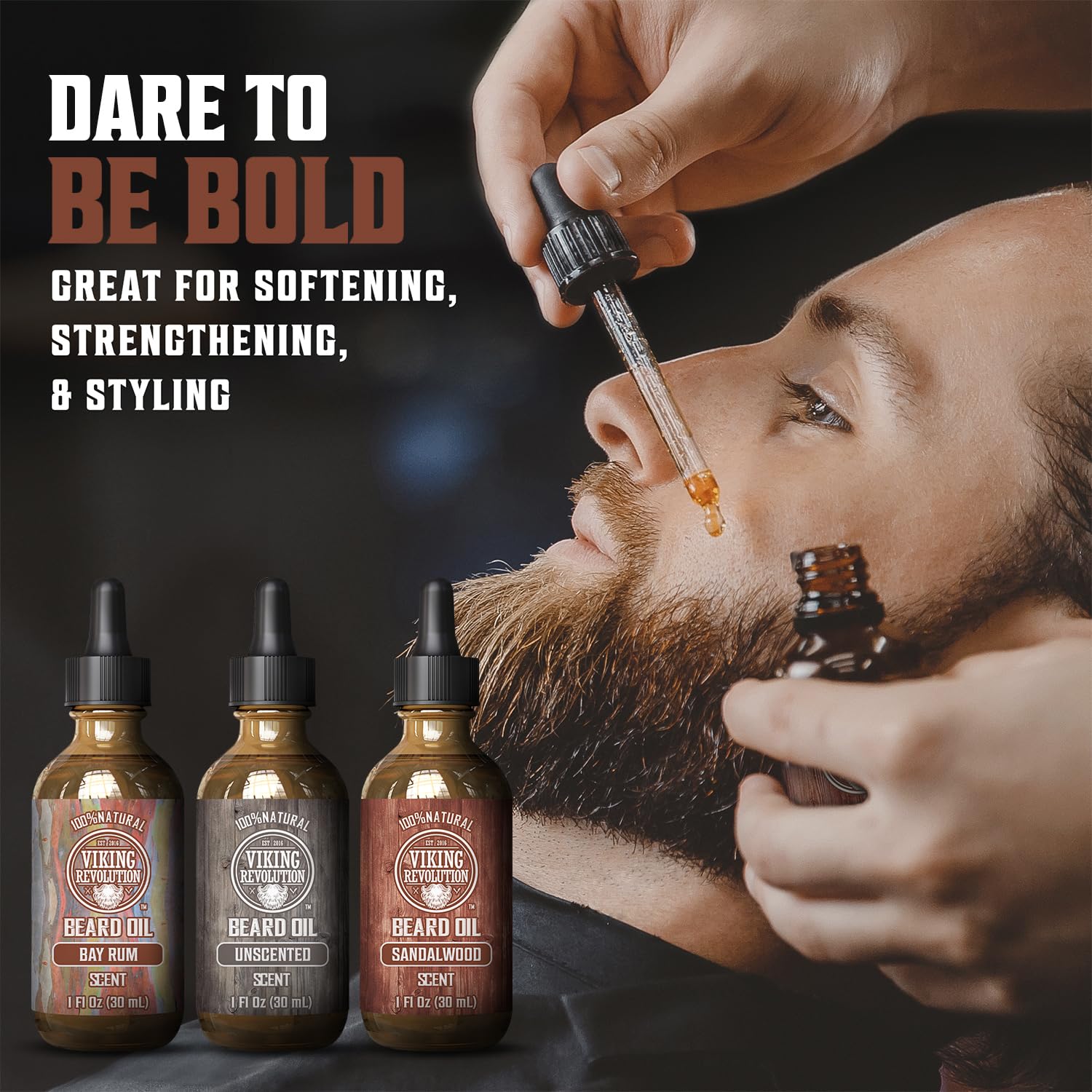 Viking Revolution Beard Oil - Natural Conditioning Oil Variety Set | Sandalwood, Unscented & Bay Rum (3 Pack, 1oz)
