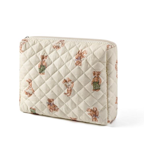 RSRSLEII 3Pcs Aesthetic Cotton Quilted Drawstring Makeup Bag Set, Aesthetic Cute Bow Makeup Pouch for Girls and Women, Aesthetic Travel Organized Cosmetic Bags for Purse(01Bear)