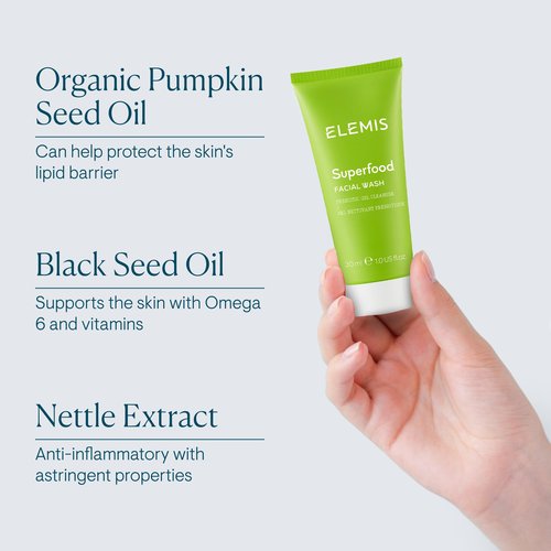 ELEMIS Superfood Facial Wash, 30ml – Revitalizing Daily Prebiotic Gel Wash, Gently Cleanse, Nourish & Balance Skin for Glowing Complexion, Hydrating Facial Cleanser to Remove Grime
