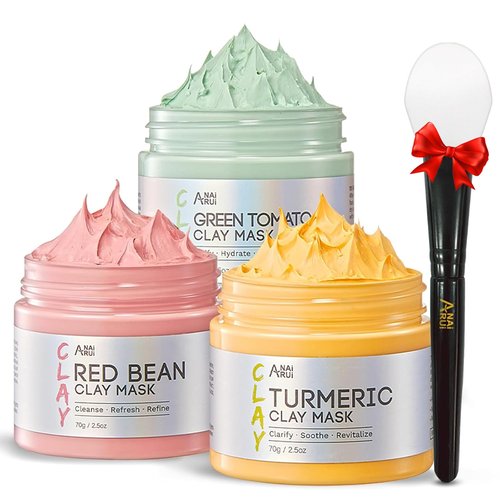 ANAI RUI 3 Pcs Pore Cleansing Face Mask Set Green Tomato Clay Mask - Turmeric Vitamin C Facial Mask Red Bean Refreshing Pore Mask, Relaxing Spa Gift Set Self Care for Women/Teens Girls 2.5 oz each
