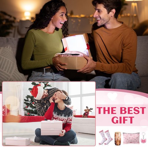 Boao 5 Pcs Pink Bow Gift Set with Bow Glass Cup, Socks, Cosmetic Bag Keychain Coquette Stuff Thank You Gift Box for Girls Women Valentines