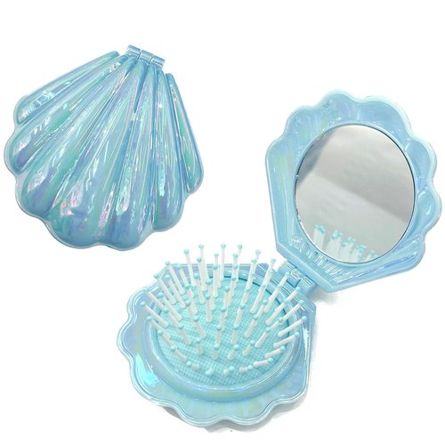 Frinnovan 6 Pack Shell Shaped Pokect Mirror Travel Compact Folding Mirrors with Hair Brush Purse Mini Cosmetic Lashes Makeup Portable Mirrors for Women Wedding Party Pink & Blue & Purple