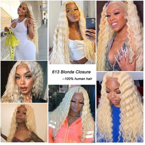 4x4 613 Lace Closure Deep Wave Human Hair Blonde Deep Wave Closure Pre Plucked Transparent Lace Free Part with Baby Hair For Women Natural Hairline 14 Inch