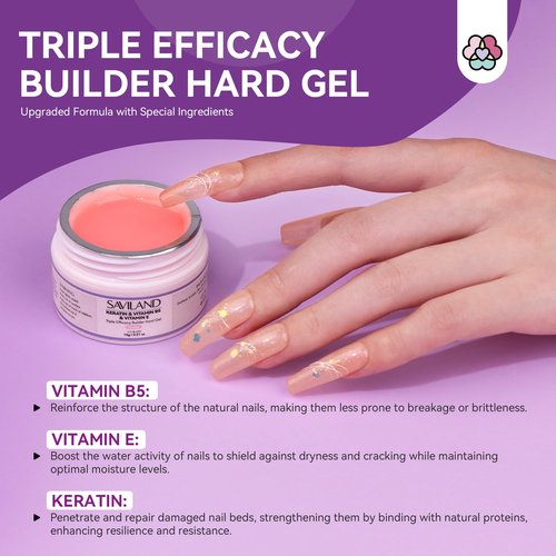 SAVILAND Builder Gel Nail Kit with Nail Drill - 3 Pcs Hard Gels for Nails(VE&VB5&Kerain) Clear Pink Nudes Builder Gel with Lamp Brush Nails Strengthener Gels for Extension Shaping DIY at Home Salon